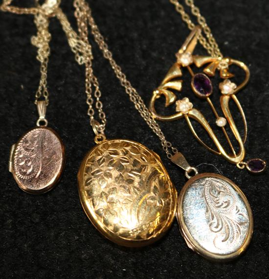 Edwardian 9ct gold pendant, an amethyst and seed pearl pendant and 2 x 9ct gold back and front lockets